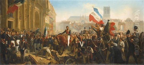 Arrivee De Louis-philippe Sur La Place De L'hotel De Ville, Le 31 Juillet 1830 (collab. W/studio) Oil Painting by Leon Jean Basile Perrault