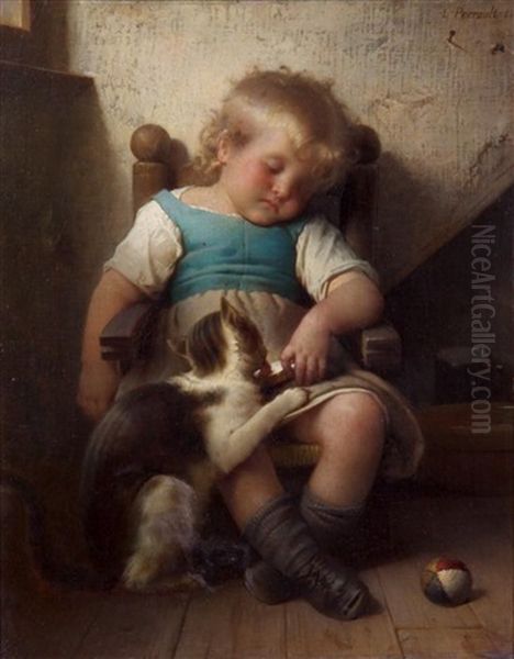 Naughty Kitty Steals A Lap Oil Painting by Leon Jean Basile Perrault