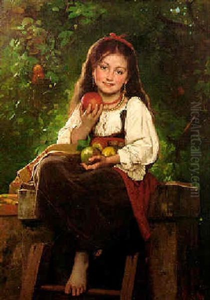 Young Girl Seated On A Stone Ledge With Apples Oil Painting by Leon Jean Basile Perrault