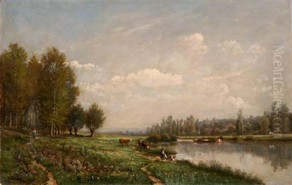 Weite Flusslandschaft Mit Hirtinnen Und Vieh Oil Painting by Aime Perret