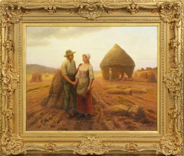 Peasants In Field Oil Painting by Aime Perret