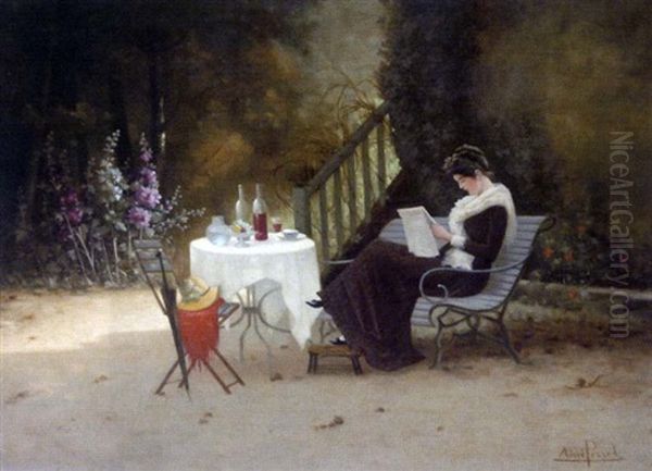 La Lecture Sur Le Banc Oil Painting by Aime Perret