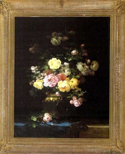 Bouquet Of Roses In A Brass Pot Oil Painting by Aime Perret