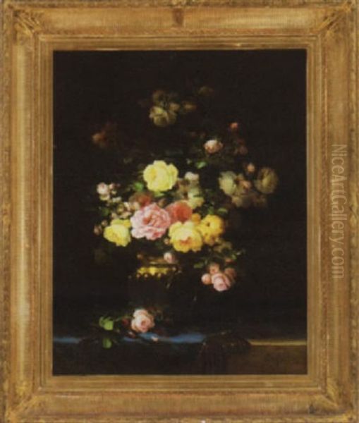 Bouquet Of Roses In A Brass Pot Oil Painting by Aime Perret