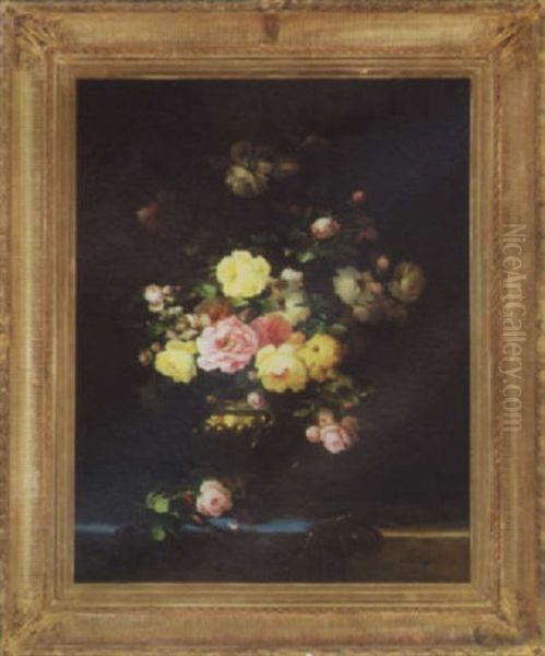 Bouquet Of Roses In A Brass Pot by Aime Perret