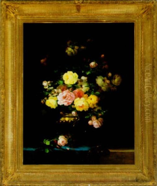 Bouquet Of Roses In A Brass Pot Oil Painting by Aime Perret