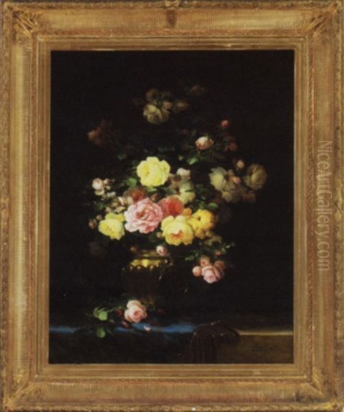 Bouquet Of Roses In A Brass Pot Oil Painting by Aime Perret