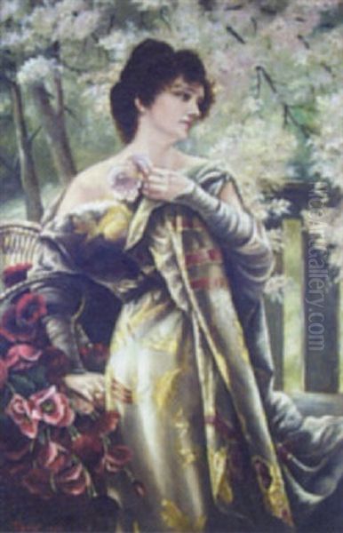 Portrait Of A Lady Standing Beneath A Blossom Tree Oil Painting by Aime Perret