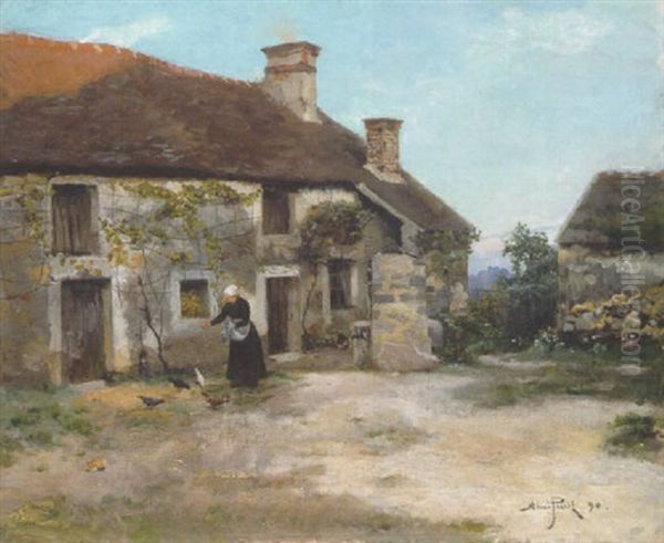 Feeding The Chickens By The Farmhouse Oil Painting by Aime Perret