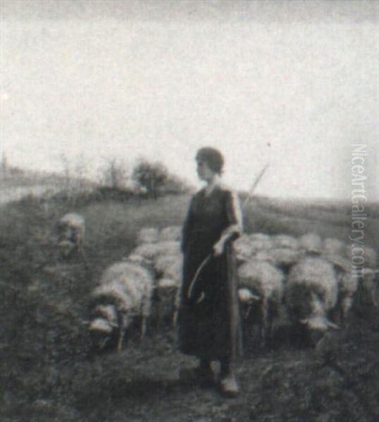 Shepherdess In A Landscape Oil Painting by Aime Perret