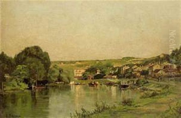 Peniches Sur La Riviere Oil Painting by Georges Leon Alfred Perrichon