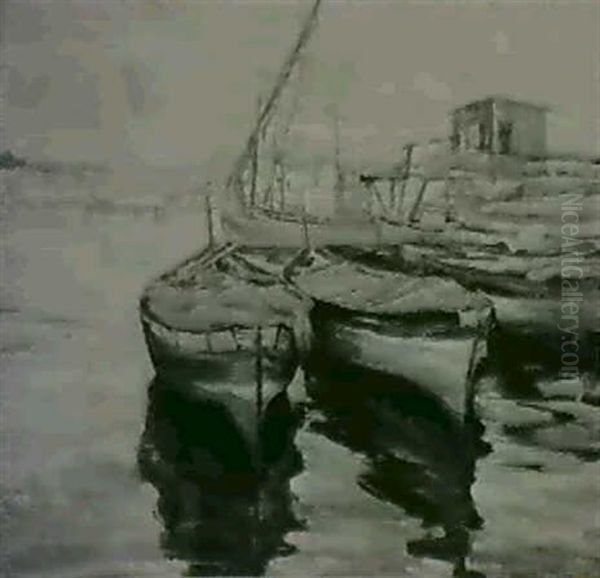 Docked Boats, Gloucester Harbor Oil Painting by Bertha Eversfield Perrie