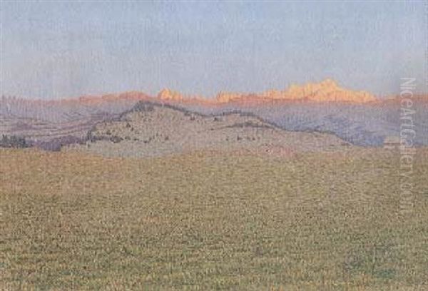 Hochebene Mit Berghutten Bei Sonnenaufgang Oil Painting by Alexandre Perrier