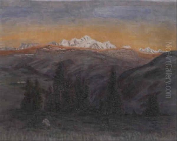 Soleil Levant (mont Blanc Et Sapins Verts) Oil Painting by Alexandre Perrier