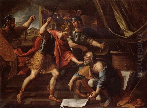 Archimedes Drawing A Geometric Pattern Refusing To Answer The Summons Of Marcellus Oil Painting by Francois (le Bourguignon) Perrier