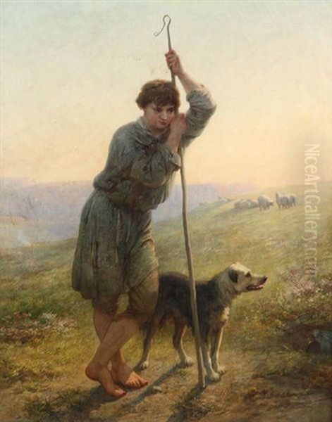 Jeune Berger Avec Chien Et Moutons Sur Un Cliff En Angleterre Au Coucher De Soleil Oil Painting by Alfred Feyen Perrin