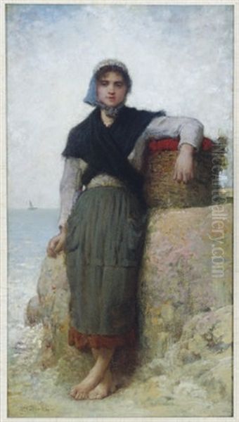 Girl With A Basket By The Sea Oil Painting by Alfred Feyer Perrin