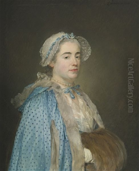 Portrait Of Lady, Probably Madame Blondel D'azincourt, Dressed In A Blue Polka Dot Cape And Fur Muff Oil Painting by Jean-Baptiste Perronneau