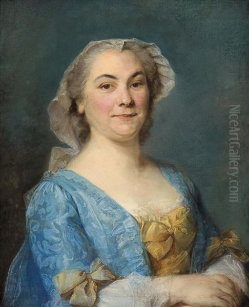 Portrait De Dame A La Robe Bleue En Buste Vue De Face Et Portant Un Fichu De Dentelle Oil Painting by Jean-Baptiste Perronneau