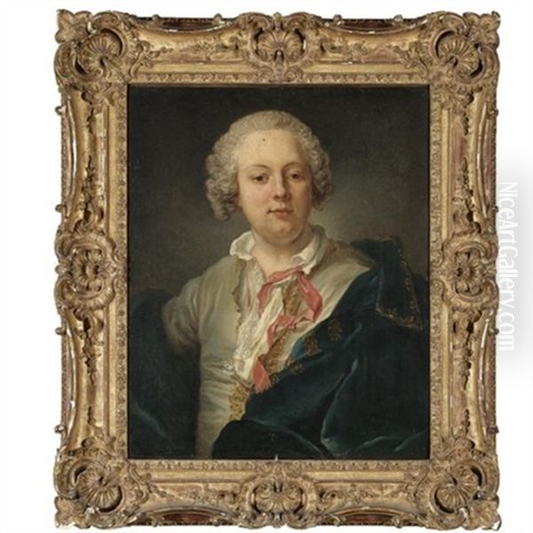 Portrait Of A Gentleman, Half Length, With A Blue Tunic Draped Over His Left Shoulder And A Red Ribbon Tied To His Collar Oil Painting by Jean-Baptiste Perronneau