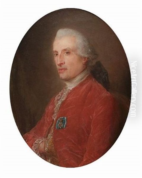 Portrait Of A Gentleman, (charles Le Normant Du Coudray?), Seated Half-length, In A Red Coat And Gold Brocade Waistcoat Oil Painting by Jean-Baptiste Perronneau