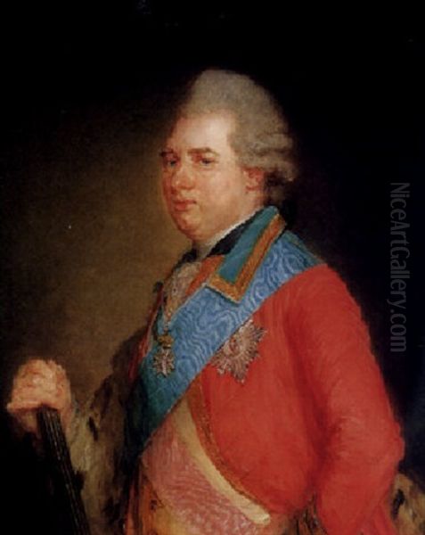 Portrait Of Karl, Landgrave Of Hesse, Half Length, Wearing A Red Coat With The Sash And Star Of The Order Of The Elephant, And Holding A Commander's Baton Oil Painting by Jean-Baptiste Perronneau