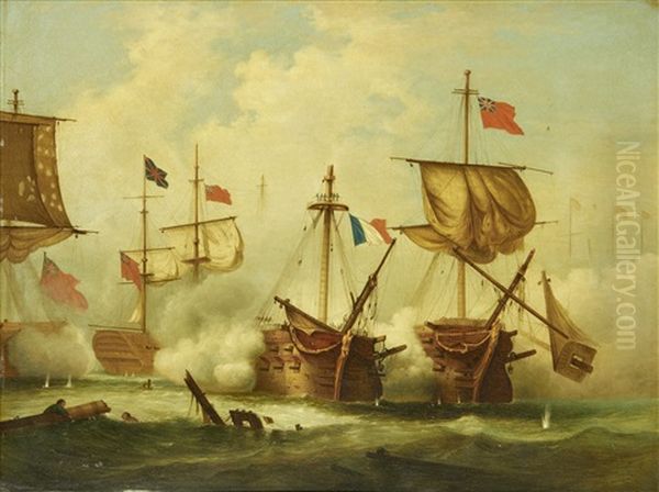 Combat De Trafalgar (+ Le Vaisseau Le Vengeur Au Combat Du 13 Prairial; Pair) Oil Painting by Ferdinand Victor Perrot