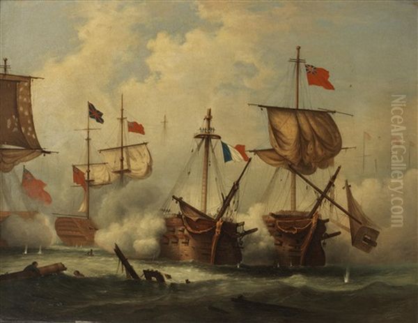 Combat De Trafalgar; Le Vaisseau Le Vengeur Au Combat Du 13 Prairial (pair) by Ferdinand Victor Perrot