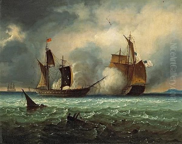 An American Corvette Victorious Over A British Frigate Oil Painting by Ferdinand Victor Perrot