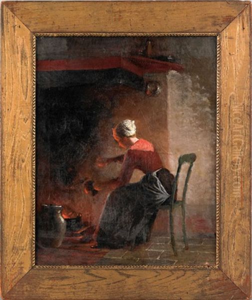 Woman Sitting In The Glow Of A Hearth Oil Painting by Enoch Wood Perry