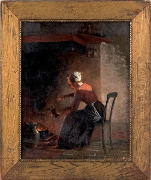 Interior Scene Depicting A Woman Sitting In The Glow Of A Hearth Oil Painting by Enoch Wood Perry