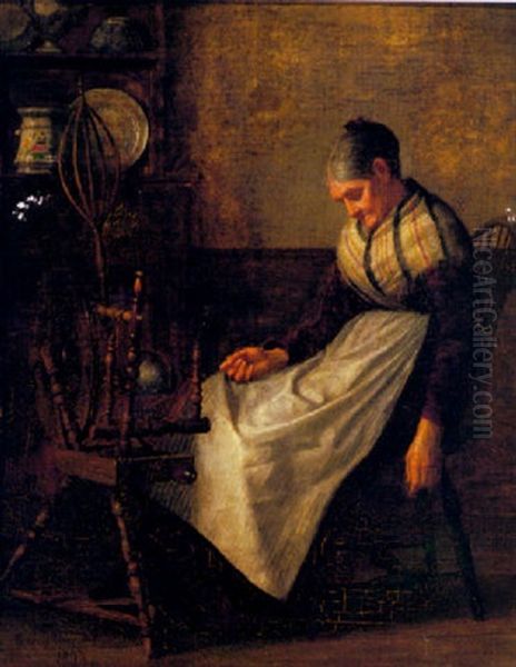 Asleep At The Spinning Wheel Oil Painting by Enoch Wood Perry