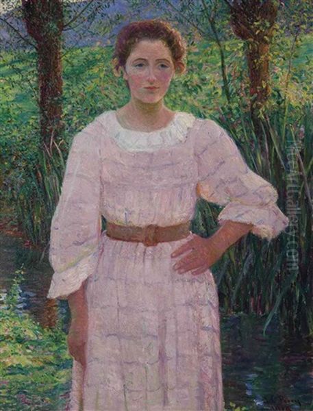 By The Brook, Giverny, France (woman In Pink Dress) Oil Painting by Lilla Cabot Perry