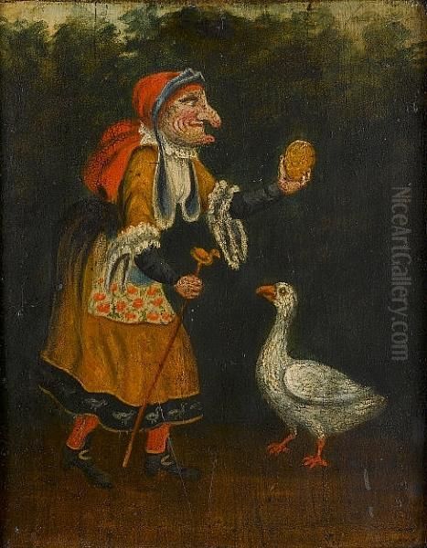 A Witch Feeding A Goose Oil Painting by Tim Bobbin