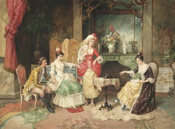 Die Musikstunde. Junge Damen Am Hofe Im Salon Oil Painting by Franz Von Persoglia