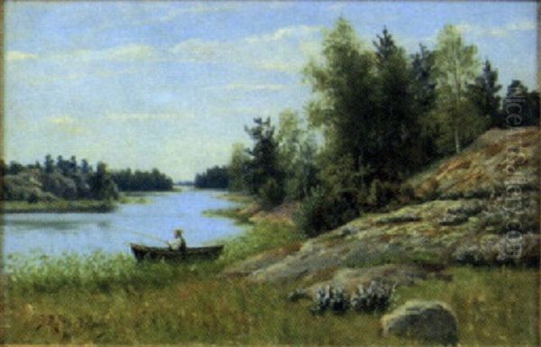 Sommarlandskap Med Metande Man Oil Painting by Peter Adolf Persson