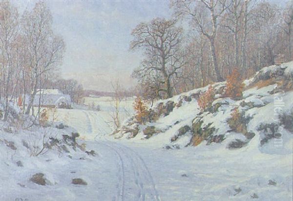 Solbelyst Vinterlandskap Oil Painting by Peter Adolf Persson