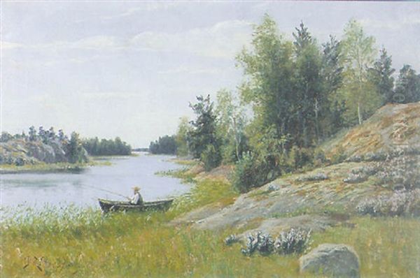 Insjolandskap Med Fiskare I Bat Oil Painting by Peter Adolf Persson