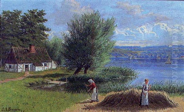 Skordearbetande Kvinnor Vid Skansk Insjo Oil Painting by Peter Adolf Persson