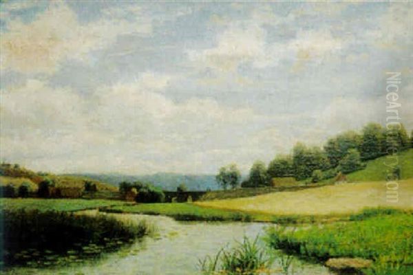 Skanskt Landskap Med Stenbro Over A Samt Gardar, I Forgrunden Blommande Nackrosor Oil Painting by Peter Adolf Persson