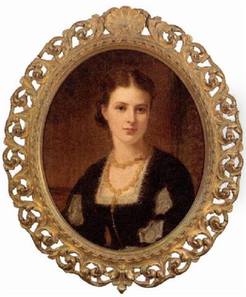 Portrait Of Mrs. Benjamin Charles Stephenson In A Black Dress With Lace Trim And Amber Necklace Oil Painting by Kate Perugini