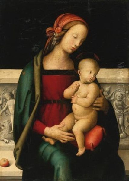 The Madonna And Child Seated Before A Sculpted Parapet, An Apple Resting Beside Her Oil Painting by Pietro Perugino