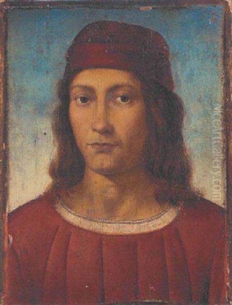 Portrait Of A Young Man In A Red Tunic And Pillbox Hat Oil Painting by Pietro Perugino