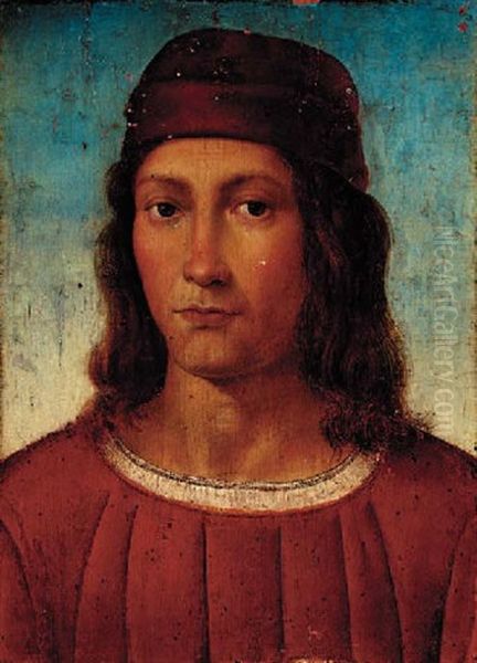 Portrait Of A Young Man In A Red Tunic And Pillbox Hat by Pietro Perugino