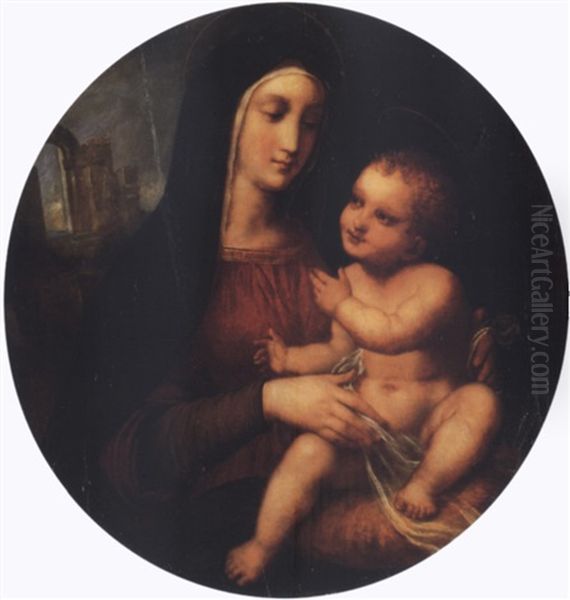 Madonna And Child Seated Before A Landscape With Classical Ruins Oil Painting by Baldassare Peruzzi