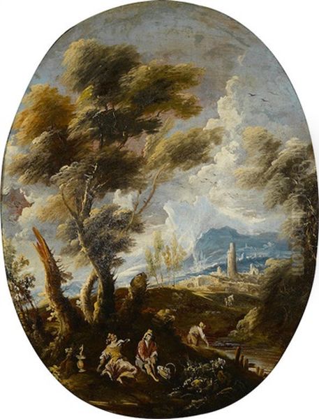 A Capriccio Landscape With A Storm Threatening Oil Painting by Antonio Francesco Peruzzini