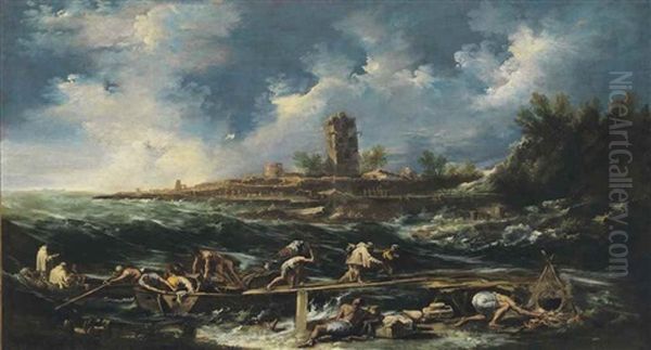 Castaways Landing On The Beach After A Storm Oil Painting by Antonio Francesco Peruzzini