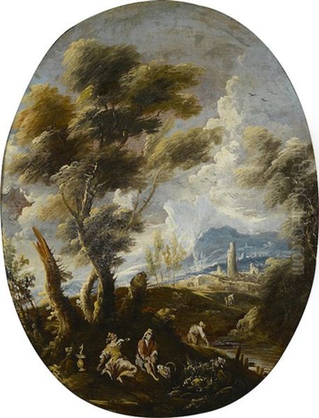 A Capriccio Landscape With A Storm Threatening Oil Painting by Antonio Francesco Peruzzini