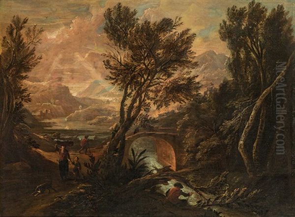 Mountain Landscape With River And Figures Oil Painting by Antonio Francesco Peruzzini