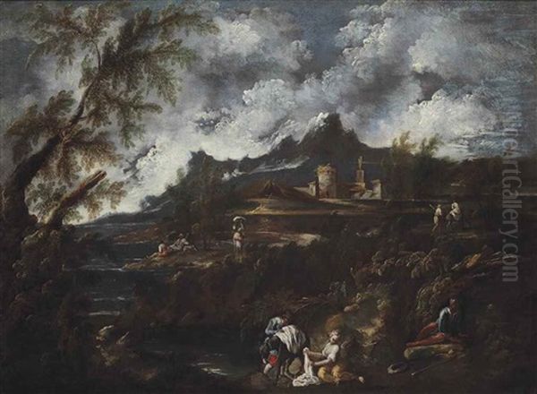 A Wooded Landscape With Washerwomen, Travellers And Other Figures On A Shore Oil Painting by Antonio Francesco Peruzzini